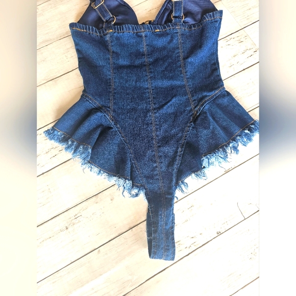 RARE JW Signature Blue Denim Corset Flare Bodysuit Overall Straps Unique Sexy - Picture 9 of 11